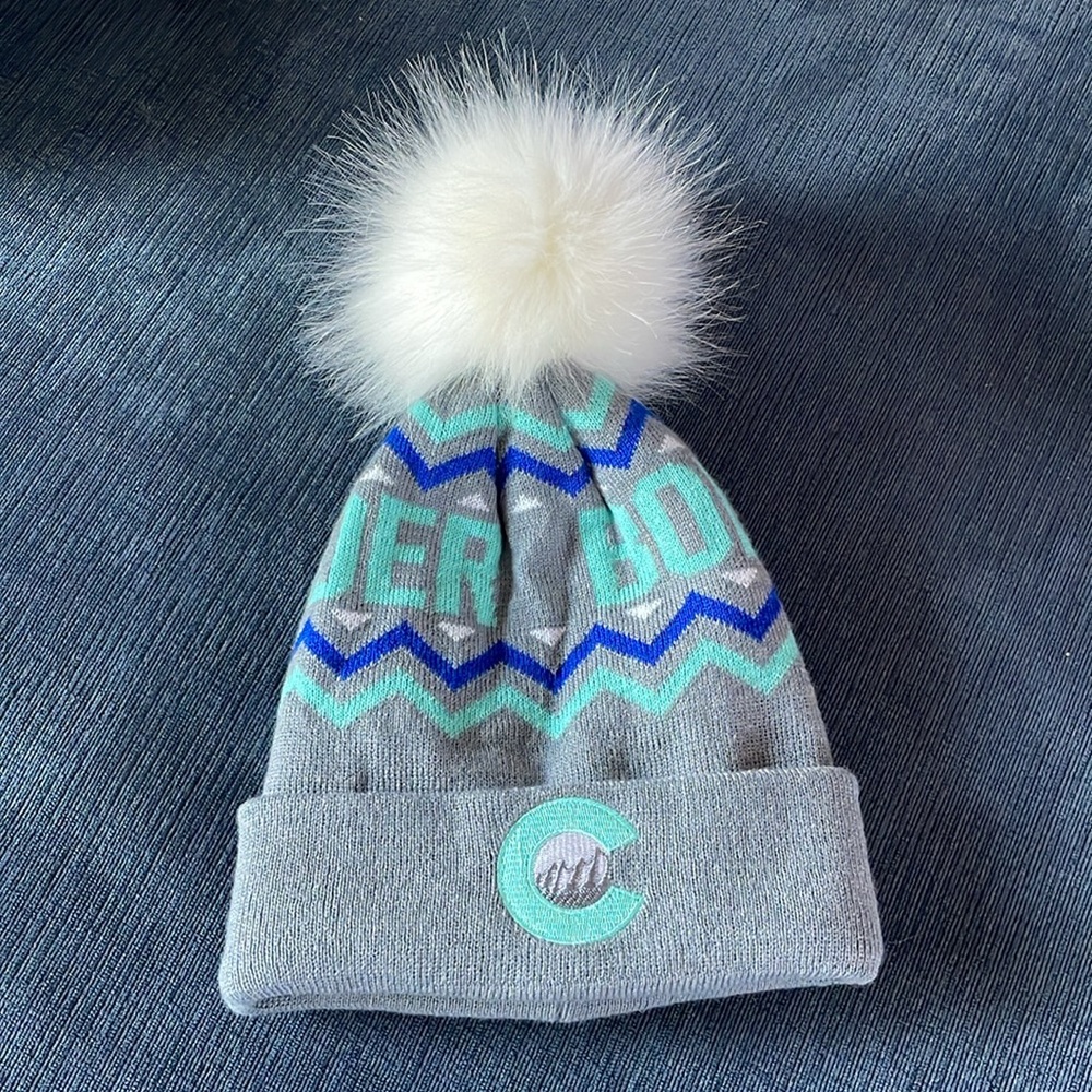 BOCO Colder Bolder Faux Fur Pom Pom Beanie Gray Green White Blue - EUC